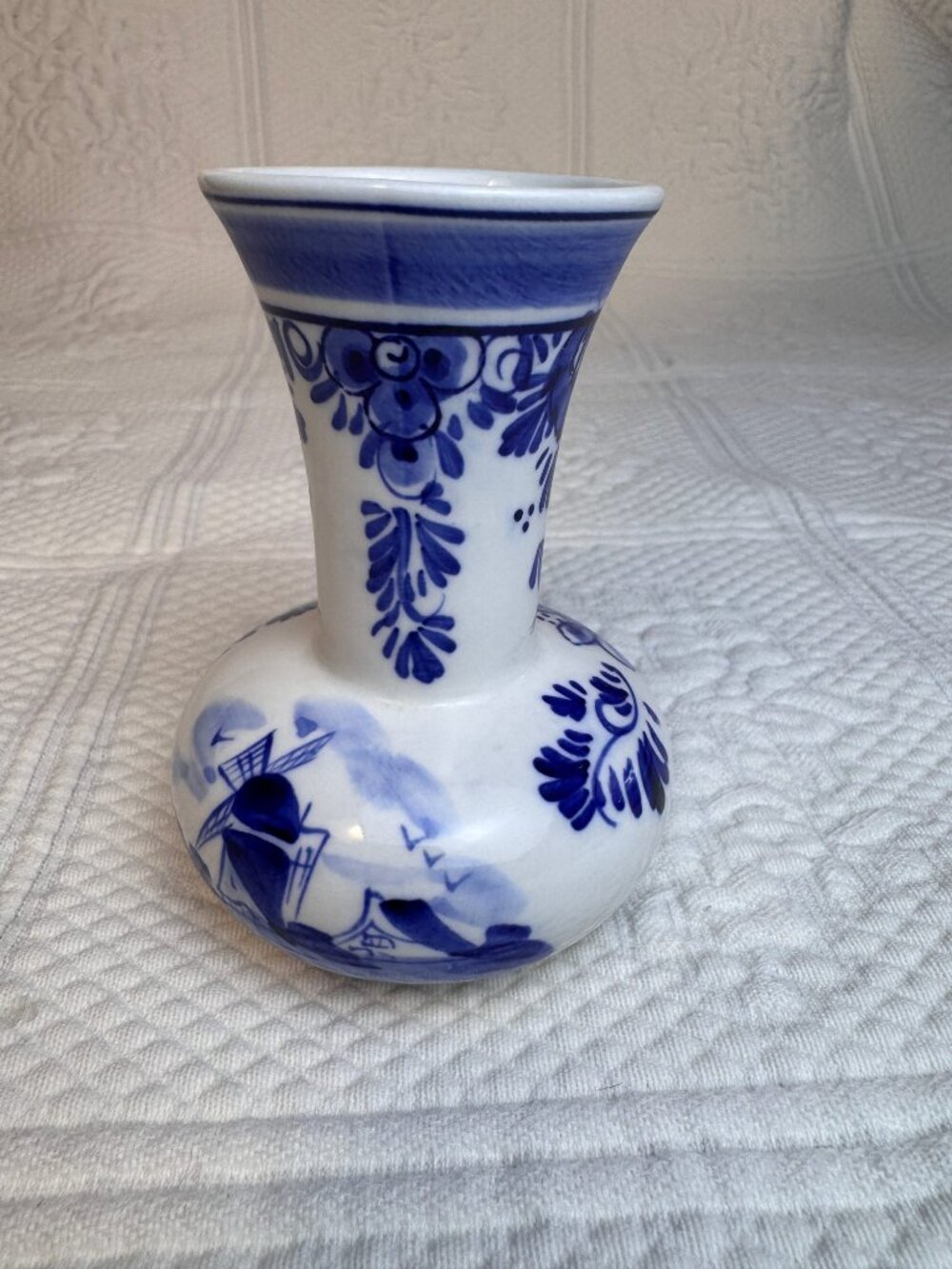 Delft Blue Hand-Painted Windmill Bud Vase 6in Dutch Ceramic Decor